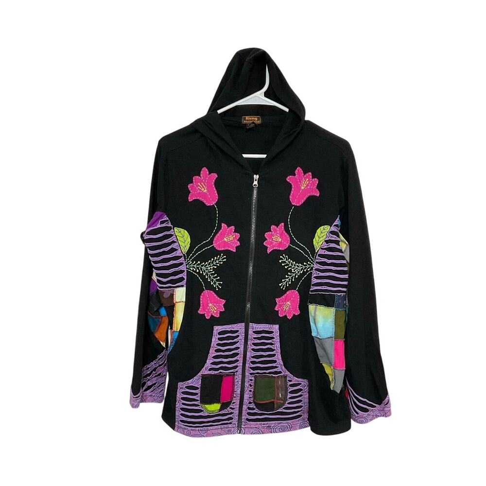 Rising International Jacket Women Size XL Patchwork Hoodie Zip-Up Floral Artsy